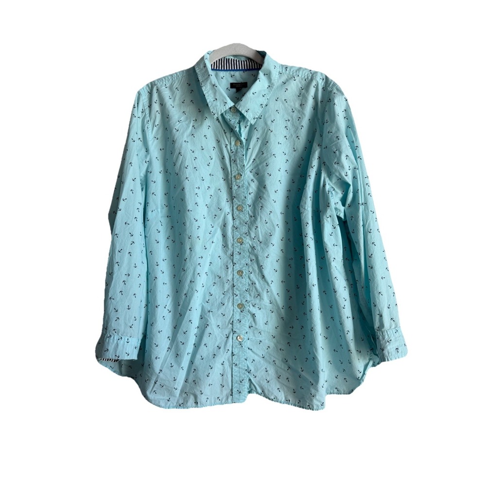 Talbots Women's Turquoise Anchor Collar Long Sleeve Tunic Button Blouse Size 3XP